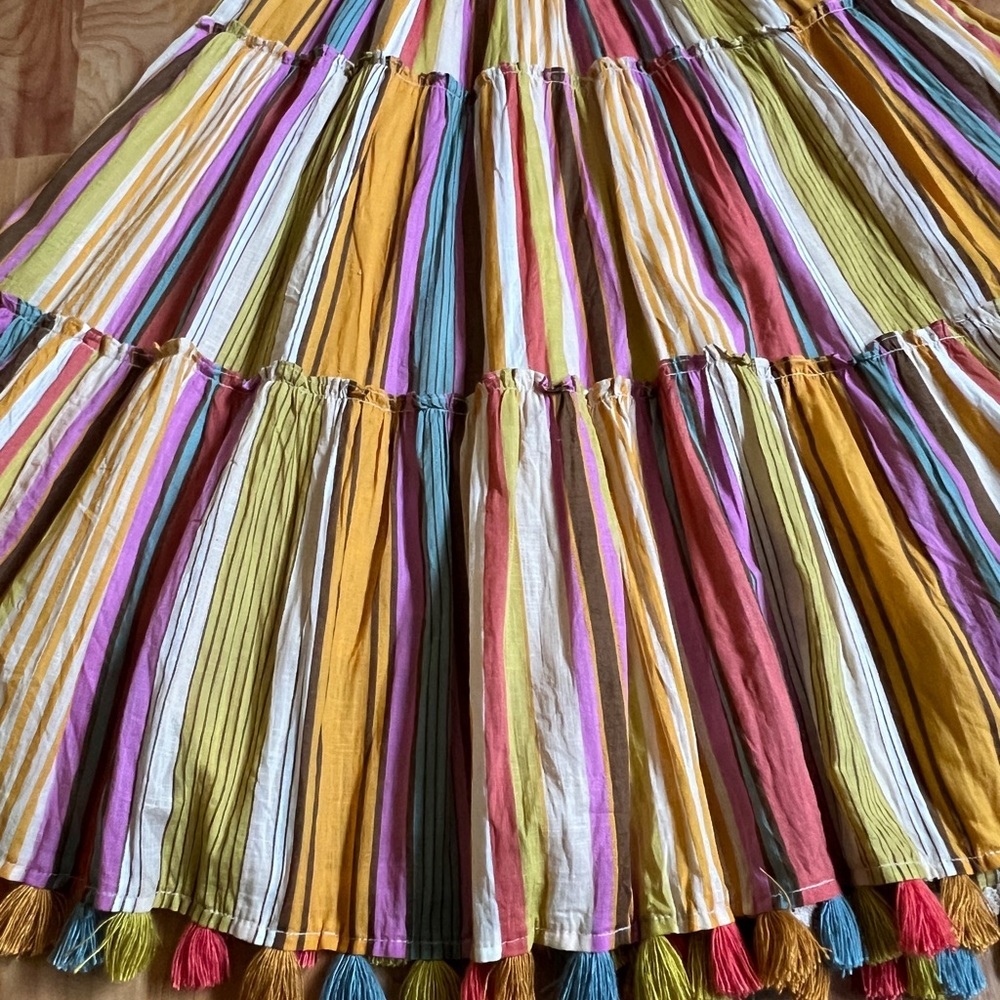 EUC Colorful Tiered Multicolor Striped Cotton Midi Skirt with Tassels sz SP